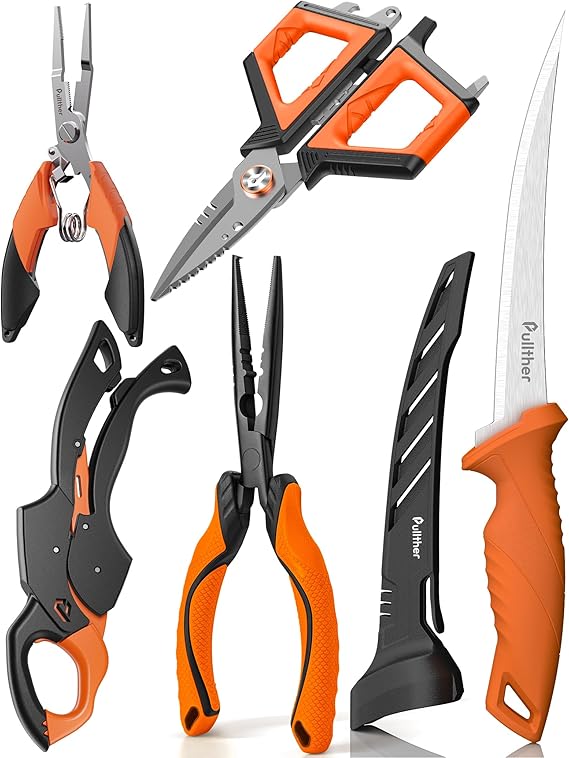 5PC Fishing Tool Kit – Fillet Knife, 2PC Fishing Pliers,Fishing Braid Scissors and Fish Lip Gripper, Fishing Gear for Fly Fishing, Ice Fishing