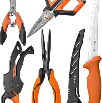 5PC Fishing Tool Kit – Fillet Knife, 2PC Fishing Pliers,Fishing Braid Scissors and Fish Lip Gripper, Fishing Gear for Fly Fishing, Ice Fishing