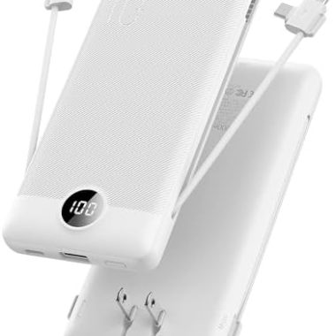 VRURC Portable Charger,Power Bank Built-in Cables and AC Wall Plug, USB C Portable Bank 10000mAh, Travel Essentials Phone Charger Compact External Battery Pack for Smart Phones, Tablets etc-White